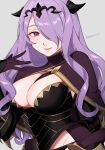  1girl armor black_armor black_panties blush breast_strap breasts camilla_(fire_emblem) capelet cleavage fake_horns fire_emblem fire_emblem_fates gloves hair_over_one_eye highres horned_headwear horns large_breasts long_hair looking_at_viewer open_mouth panties peach11_01 pink_eyes purple_hair simple_background smile solo tiara underwear upper_body very_long_hair wavy_hair 