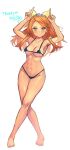  &gt;:) 1girl abs arms_up bare_arms bare_legs bare_shoulders barefoot bikini black_bikini bow breasts closed_mouth collarbone commentary commission crossed_legs english_commentary etie_(fire_emblem) fire_emblem fire_emblem_engage full_body hair_bow highres index_finger_raised long_hair medium_breasts micro_bikini mixed-language_commentary navel orange_hair r123 simple_background skeb_commission smile solo standing swept_bangs swimsuit thank_you tiara v-shaped_eyebrows white_background yellow_bow yellow_eyes 