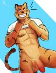  abs anthro balls beastars bill_(beastars) clothed clothing clothing_lift felid feline flaccid fur genitals hi_res humanoid_genitalia humanoid_hands humanoid_penis jayjay_(artist) looking_at_viewer male mammal manly muscular muscular_anthro muscular_male navel nipples nude orange_body orange_fur pantherine partially_clothed pecs penis raised_clothing shirt simple_background smile solo solo_focus stripes teeth tiger topwear undressing 