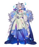  1girl ahoge bare_shoulders blue_hair blush boots breasts closed_mouth collar dress eitr_(fire_emblem) fire_emblem fire_emblem_heroes floating floating_object flower full_body gradient_clothes hair_over_one_eye high_heel_boots high_heels highres horns kippu long_hair long_sleeves looking_at_viewer medium_breasts multicolored_hair non-web_source official_art pelvic_curtain petals purple_hair red_eyes solo thigh_boots transparent_background 