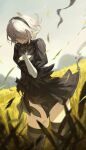  1girl black_dress black_hairband black_thighhighs breasts closed_eyes clothing_cutout crying dress gloves goomrrat grasslands hairband highres juliet_sleeves leotard long_sleeves medium_breasts mole mole_under_mouth nier:automata nier_(series) puffy_sleeves short_hair skirt solo tears thighhighs thighs white_hair yorha_no._2_type_b 