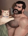  1boy animal bara beard black_hair body_hair cat cat_on_person chest_hair dopey_(dopq) facial_hair graves_(league_of_legends) highres large_pectorals league_of_legends looking_at_viewer lying male_focus manly mature_male meme muscular muscular_male mustache nipples pectorals raised_eyebrow revision short_hair simple_background solo topless_male woman_yelling_at_cat_(meme) 