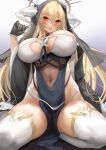  1girl absurdres azur_lane black_gloves blonde_hair blush breast_cutout breasts covered_navel denchu_(kazudentyu) fake_horns gloves habit hair_between_eyes half_gloves highres horns huge_breasts implacable_(azur_lane) long_hair looking_at_viewer nun parted_lips pelvic_curtain red_eyes revealing_clothes solo thighhighs thighs two-tone_dress veil very_long_hair white_horns white_thighhighs 