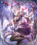  1girl argente_purest_silver_(shadowverse) armor belt belt_buckle black_skirt blush breasts buckle dark_background dragon_girl dragon_horns dragon_tail dragon_wings drill_hair earrings feather_earrings feathers foot_out_of_frame gem grey_eyes grey_hair hair_between_eyes highres holding holding_shield horns jewelry kouyafu medium_breasts monster_girl multicolored_hair official_art pleated_skirt pointy_ears red_hair scales shadowverse shield shoulder_armor single_wing skirt smile solo spikes tail thighhighs thighs twintails wings zettai_ryouiki 