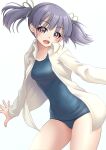  1girl absurdres breasts collarbone cowboy_shot grey_hair hair_ribbon highres kantai_collection makura_(y_makura) ooshio_(kancolle) open_clothes open_mouth open_shirt ribbon school_swimsuit short_hair short_twintails small_breasts smile swimsuit swimsuit_under_clothes twintails 