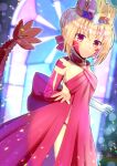  1girl blonde_hair blurry blurry_background blush braid closed_mouth collarbone commentary_request commission crown depth_of_field dragon_tail dress fate/grand_order fate_(series) gloves hair_between_eyes hair_bun halterneck kou_hiyoyo looking_at_viewer nero_claudius_(fate) queen_draco_(fate) red_dress red_eyes sidelocks single_glove skeb_commission solo tail white_gloves 