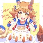  +_+ 1girl :d animal_ears birthday_cake blue_serafuku border cake carrot food happy_birthday highres horse_ears horse_girl matikanefukukitaru_(umamusume) neckerchief open_mouth orange_eyes orange_hair red_neckerchief school_uniform serafuku shiro1030 short_hair short_sleeves smile solo umamusume upper_body white_border yellow_background 