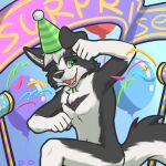  1:1 2021 anthro balloon birthday black_body black_fur border_collie canid canine canis cheek_tuft clothing collie ddgio domestic_dog facial_tuft fur hat headgear headwear herding_dog hi_res inflatable male mammal multicolored_body multicolored_fur nude one_eye_closed open_mouth open_smile party_hat pastoral_dog pink_tongue sheepdog smile solo tongue tuft two_tone_body two_tone_fur white_body white_fur 