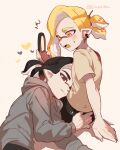  2boys artist_name black_hair blonde_hair blush closed_mouth commentary_request earrings ed_(jinko) fangs grey_eyes grey_sweater heart highres holding holding_phone inkling inkling_boy jewelry jinkobanana lying male_focus multiple_boys on_side open_mouth phone pointy_ears ponytail shirt short_hair simple_background sitting splatoon_(series) sweat sweater tentacle_hair white_background white_shirt yaoi yellow_eyes 