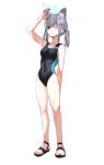  1girl animal_ear_fluff animal_ears black_one-piece_swimsuit blue_archive blue_eyes breasts competition_swimsuit covered_navel cross_hair_ornament extra_ears full_body grey_hair hair_ornament halo highres hno3 looking_up low_ponytail medium_breasts medium_hair mismatched_pupils multicolored_clothes multicolored_swimsuit official_alternate_costume one-piece_swimsuit one_eye_closed sandals shading_eyes shiroko_(blue_archive) shiroko_(swimsuit)_(blue_archive) simple_background solo standing swimsuit white_background wolf_ears 