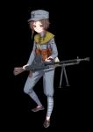  1girl absurdres bag black_background black_footwear brown_hair chinese_commentary closed_mouth full_body green_bag grey_headwear grey_jacket grey_pants gun highres holding holding_gun holding_weapon jacket kuomintang long_sleeves looking_at_viewer military_uniform original pants patrol_cap pouch puttee short_hair_with_long_locks shoulder_bag simple_background solo tuziki_sang uniform weapon weapon_request yellow_eyes 