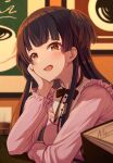  1girl arm_on_table black_hair black_ribbon blunt_bangs blush bow brown_eyes coffee commentary_request dot_nose elbow_on_table frills head_rest highres idolmaster idolmaster_shiny_colors indoors jacket long_hair long_sleeves looking_at_viewer mayuzumi_fuyuko menu_board open_mouth osoba_susurukun picture_frame pink_jacket ribbon shirt skirt smile solo two_side_up white_shirt 