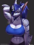  2023 anthro athletic athletic_anthro athletic_female big_breasts blue_hair bodily_fluids breasts cleavage clothed clothing digital_media_(artwork) doomthewolf eyes_closed female fingerless_gloves fish gloves hair handwear hi_res long_hair marine muscular muscular_female nipple_outline non-mammal_hair sally_(doomthewolf) shark simple_background solo stripes sweat 