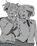  2girls :d blazer blush boku_no_hero_academia closed_eyes collared_shirt couple double_bun green_necktie hair_bun happy highres holding_hands jacket long_sleeves medium_hair messy_hair monochrome multiple_girls necktie open_mouth pleated_skirt sailor_collar school_uniform serafuku shirt short_hair simple_background skirt smile spot_color toga_himiko u.a._school_uniform uraraka_ochako white_background yuri zbura 