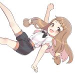 1girl aa211108 clenched_hands hairband ichihara_nina idolmaster idolmaster_cinderella_girls light_brown_hair long_hair looking_at_viewer open_mouth shirt shorts simple_background smile solo white_shirt 