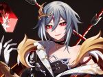  1girl chinese_clothes fu_hua fu_hua_(herrscher_of_sentience) gloves grey_hair highres honkai_(series) honkai_impact_3rd jewelry multicolored_hair parted_lips red_eyeliner red_eyes short_hair simple_background solo streaked_hair upper_body weapon white_gloves yellow_pupils yunomi_(yunomi_hs) 