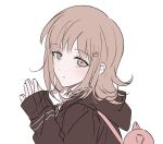  1girl backpack bag brown_hair danganronpa_(series) danganronpa_2:_goodbye_despair frown hair_ornament hands_up hood hood_down hooded_jacket jacket looking_at_viewer medium_hair nanami_chiaki pink_eyes sleeves_past_wrists solo spaceship_hair_ornament vo1ez 