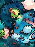  :d :o ^_^ animal_focus beak bird blue_skin closed_eyes colored_skin floating forest from_above grass green_skin hanabusaoekaki highres hoppip mew_(pokemon) natu nature no_humans open_mouth partially_submerged pink_skin pokemon pokemon_(creature) pond ripples smile solid_oval_eyes water wooper 