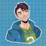  1boy artist_name black_hair blue_background blue_jacket facial_hair facing_viewer green_eyes green_shirt highres hood hood_down jacket shane_(stardew_valley) shirt sideburns siropeart solo stardew_valley stubble upper_body 