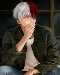  1boy aqua_eyes boku_no_hero_academia brown_eyes burn_scar heterochromia highres jyundee long_sleeves looking_to_the_side male_focus multicolored_hair realistic red_hair scar scar_on_face short_hair sitting todoroki_shouto two-tone_hair white_hair 