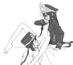  blush brother_and_sister cunnilingus fate/grand_order fate_(series) gloves greyscale hat incest jacket long_hair military_hat monochrome navel oda_nobukatsu_(fate) oda_nobunaga_(fate) oda_nobunaga_(koha-ace) oda_uri open_clothes open_jacket open_mouth oral ponytail sempon_(doppio_note) siblings simple_background trembling very_long_hair white_background 