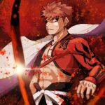  1boy abs black_pants cape closed_mouth emiya_shirou fate/grand_order fate_(series) frown kazubomb_fire lens_flare long_sleeves male_focus muscular muscular_male pants red_background red_hair senji_muramasa_(fate) short_hair spiked_hair upper_body white_cape 