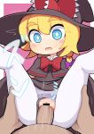  1boy 1girl bar_censor black_capelet black_headwear black_panties black_skirt black_vest blonde_hair blue_eyes blush_stickers border bow bowtie braid bright_pupils capelet censored clothed_female_nude_male clothed_sex clothing_aside commentary cookie_(touhou) feet_out_of_frame hair_between_eyes hair_bow hat hat_bow hetero hospital_king kirisame_marisa medium_bangs medium_hair meguru_(cookie) nude open_mouth panties panties_aside pantyhose penis pink_background pov pov_crotch pov_hands purple_bow pussy red_bow red_bowtie sex shoes side_braid single_braid skirt solo_focus thick_eyebrows torn_clothes torn_pantyhose touhou underwear vaginal vest white_border white_pantyhose white_pupils witch_hat 