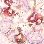  3girls ahoge alstroemeria_(idolmaster) ayami_(ayanoayanosuke) brown_eyes brown_hair commentary_request dress flower gloves hair_flower hair_ornament high_ponytail highres idolmaster idolmaster_shiny_colors kuwayama_chiyuki long_hair looking_at_viewer lying multiple_girls on_back on_side open_mouth osaki_amana osaki_tenka puffy_short_sleeves puffy_sleeves purple_dress see-through see-through_sleeves short_sleeves swept_bangs white_gloves yellow_eyes 