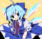  1girl black_eyes blue_bow blue_dress blue_hair bow bowtie cirno collared_shirt cowboy_shot detached_wings dress hair_bow head_tilt highres ice ice_wings looking_at_viewer neck_ribbon open_mouth pinafore_dress puffy_short_sleeves puffy_sleeves red_ribbon ribbon shirt short_sleeves simple_background sleeveless sleeveless_dress smile so_happy_64 solo teeth touhou white_shirt wings yellow_bow yellow_bowtie 