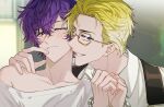  2boys alternate_hairstyle blonde_hair blurry blurry_background blush closed_mouth collarbone collared_shirt commentary_request cuffs eyelashes forehead glasses grin hair_between_eyes handcuffs hands_up highres indoors keita_kg85 looking_at_another looking_at_viewer male_focus mole mole_on_neck multiple_boys nijisanji nijisanji_en off_shoulder one_eye_closed parted_bangs purple_eyes shirt short_hair sideways_glance single_bare_shoulder smile sonny_brisko teeth uki_violeta upper_body virtual_youtuber white_shirt window wing_collar yaoi yellow-framed_eyewear 