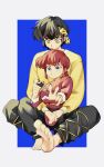  1boy 1girl bandana barefoot blue_eyes braid braided_ponytail breasts closed_mouth dktta3 feet fingernails fingers hibiki_ryouga highres looking_down ranma-chan ranma_1/2 toes yellow_bandana 