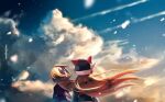  1boy 1girl blonde_hair ciel_(mega_man) cloud cloudy_sky english_commentary from_behind helmet highres long_hair mega_man_(series) mega_man_zero outdoors seto_(asils) sky sunlight zero_(mega_man) 