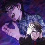  2boys absurdres black_eyes black_hair black_jacket blazer blood brown_hair collared_shirt commentary_request constricted_pupils fingernails green_shirt grey_shirt hands_in_own_hair hands_on_own_head highres ichijou_seiya itou_kaiji jacket kaiji long_hair long_sleeves male_focus medium_bangs momojiri_aya multiple_boys necktie nervous_sweating open_clothes open_mouth open_shirt plaid plaid_shirt pointy_nose purple_background red_necktie sanpaku scar scar_on_cheek scar_on_face scar_on_hand shirt short_sleeves smile sweat teeth upper_body upper_teeth_only watch wristwatch 