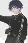  1boy black_hair black_jacket chain_necklace ear_piercing genshin_impact grey_background jacket jewelry long_sleeves looking_at_viewer male_focus multicolored_hair necklace piercing purple_eyes purple_hair scaramouche_(genshin_impact) shirt short_hair solo tongue tongue_out ueauwa white_shirt 