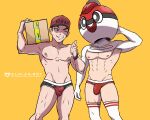  2boys abs absurdres alolan_boy artist_name ball_guy bara baseball_cap black_hair box bulge courier_(pokemon) hat highres holding holding_box kneehighs large_pectorals looking_at_another male_focus male_underwear multiple_boys muscular muscular_male navel nipples patreon_username pectorals poke_ball pokemon pokemon_(game) pokemon_sv pokemon_swsh red_male_underwear short_hair shrug_(clothing) smile socks teeth thighs thumbs_up underwear watch white_socks wristwatch 