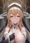  1girl absurdres azur_lane black_gloves blonde_hair breasts fake_horns gloves highres horns implacable_(azur_lane) indoors kirisamede_gzr large_breasts long_hair long_sleeves looking_at_viewer nun orange_eyes pulled_by_self solo upper_body white_horns wide_sleeves 