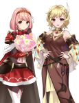  2girls :d absurdres armor bare_shoulders black_gloves blonde_hair bouquet braid breasts brown_dress cape citrinne_(fire_emblem) cleavage dress earrings feather_hair_ornament feathers fire_emblem fire_emblem_engage gloves hair_ornament hair_ribbon hairband hands_on_own_hips highres holding holding_bouquet hoop_earrings jewelry kakiko210 lapis_(fire_emblem) long_sleeves looking_at_viewer medium_breasts multiple_girls pink_eyes pink_hair red_armor red_cape red_eyes red_hairband ribbon short_hair shoulder_armor side_braid simple_background skirt smile swept_bangs two-tone_hairband white_background white_ribbon wing_hair_ornament 