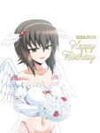  1girl absurdres angel_wings babydoll bare_shoulders birthday bouquet breasts brown_eyes brown_hair cleavage commentary cursive dated detached_sleeves english_text feathered_wings frilled_sleeves frills girls_und_panzer girls_und_panzer_senshadou_daisakusen! hair_ornament half-closed_eyes happy_birthday head_wings highleg highleg_panties highres holding holding_bouquet jewelry kamishima_kanon lingerie medium_breasts navel necklace nishizumi_maho open_mouth panties pearl_necklace see-through short_hair side-tie_panties simple_background solo standing strapless string_panties underwear white_background white_sleeves white_wings wings 