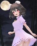 absurdres animal_ears bamboo carrot_necklace dress floppy_ears full_moon highres inaba_tewi jewelry long_eyelashes looking_at_viewer looking_back moon necklace night open_mouth pink_dress rabbit_ears rabbit_girl red_eyes ribbon-trimmed_dress smile sugar_you touhou tsukimi 