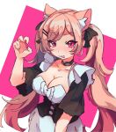  1girl :3 animal_ear_fluff animal_ears black_bow black_corset black_sleeves bow breasts cat_ears character_request cleavage collarbone corset cowboy_shot dress hair_bow hand_up highres indie_virtual_youtuber large_breasts long_hair open_mouth pasharuu pink_hair short_sleeves simple_background smile solo twintails very_long_hair virtual_youtuber white_background white_dress 