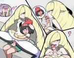  bar_censor black_hair blonde_hair blush censored duplichance fellatio futa_with_female futanari green_eyes highres licking licking_penis lillie_(pokemon) lusamine_(pokemon) oral penis pokemon selene_(pokemon) spread_legs tongue 