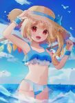  1girl :d bikini bird blonde_hair blue_bikini blue_sky cloud commentary day fang flandre_scarlet frilled_bikini frills hat highres looking_at_viewer navel nene_man ocean open_mouth outdoors red_eyes seagull sky smile solo straw_hat swimsuit touhou wading water water_drop wings wrist_cuffs 