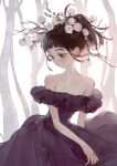  1girl bare_shoulders bare_tree black_dress black_eyes black_hair breasts dress expressionless flower flower_on_head high_ponytail highres looking_to_the_side original ozyako sketch small_breasts solo strapless strapless_dress tree upper_body 