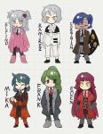  2boys 4girls :&lt; aqua_hair black_necktie black_pants black_vest blue_hair boots brown_eyes brown_jacket brown_vest chinese_commentary closed_eyes closed_mouth coat collared_shirt commentary_request double_bun earrings employee_(lobotomy_corporation) frown green_hair grey_coat hair_bun hair_ornament half-closed_eyes hand_on_own_hip hands_in_pockets heart heart_hair_ornament highres jacket jewelry lobotomy_corporation long_hair long_sleeves multiple_boys multiple_girls necktie no_nose open_clothes open_coat open_mouth orange_coat orange_pants pants paw_shoes pink_coat pink_footwear pink_hair pink_vest project_moon red_coat red_necktie scar scar_on_face shirt short_sleeves single_earring slime_(substance) smile tesna tongue tongue_out two_side_up very_long_hair vest white_hair white_jacket white_necktie white_pants white_shirt yellow_eyes 