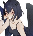  1girl black_clover black_dress black_hair black_horns black_wings bob_cut breasts cleavage closed_mouth commentary_request dress feathered_wings gen_me hand_in_own_hair highres horns looking_at_viewer red_eyes secre_swallowtail short_hair simple_background small_breasts solo white_background wings 