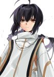  1other ahoge ambiguous_gender ameman androgynous black_hair braid brown_eyes commentary_request fate/samurai_remnant fate_(series) high_collar highres japanese_clothes jewelry long_hair low-tied_long_hair necklace saber_(fate/samurai_remnant) shirt solo upper_body white_background white_shirt 