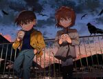  1boy 1girl against_railing ahoge bird black-framed_eyewear black_hair blue_eyes blue_shirt boat bridge brown_hair buttons child city_lights closed_mouth cloud coffee_cup crow cup disposable_cup edogawa_conan glasses grey_jacket haibara_ai hair_between_eyes hand_in_pocket high_collar highres holding holding_cup jacket lamppost long_sleeves looking_to_the_side meitantei_conan outdoors pants railing segami shirt short_hair standing sunset turtleneck watercraft yellow_jacket 