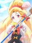  1girl blonde_hair bow brooch broom clear_glass_(mildmild1311) cloud cloudy_sky cure_art day earrings happinesscharge_precure! heart heart_brooch jewelry long_hair magical_girl paintbrush pink_bow precure red_eyes signature sky solo upper_body 