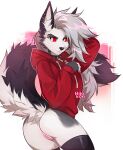  anthro bottomless butt canid canid_demon clothed clothing collar demon ear_piercing ear_ring female fingerless_gloves fluffy fluffy_tail genitals gloves grey_hair hair handwear hellhound helluva_boss hi_res hihikori hoodie inner_ear_fluff innie_pussy legwear loona_(helluva_boss) mammal no_underwear partially_clothed piercing pussy red_eyes ring_piercing solo spiked_collar spikes tail thigh_highs topwear tuft 