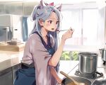  1girl :d apron blue_apron commentary_request cooking_pot grey_hair hand_up highres holding holding_spoon indoors japanese_clothes kimono lamb_(hitsujiniku) long_hair purple_eyes refrigerator short_sleeves smile solo spoon touhoku_itako very_long_hair voiceroid white_kimono wide_sleeves window 